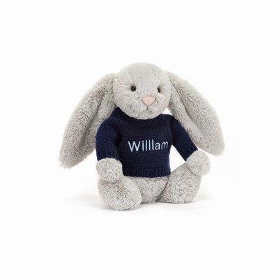 Jellycat Bashful Silver Bunny with Navy Jumper Australia | 945831KVT